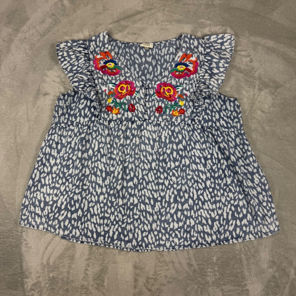 Oddi Embroidered Floral Ruffle Babydoll Top Women 3XL Blue White bohemian